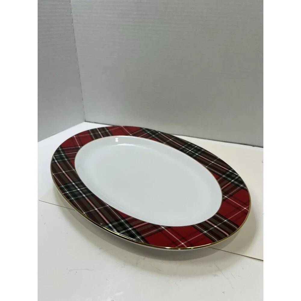 222 Fifth Wexford Red Tartan Plaid Christmas Holiday Oval Serving Platter Tray